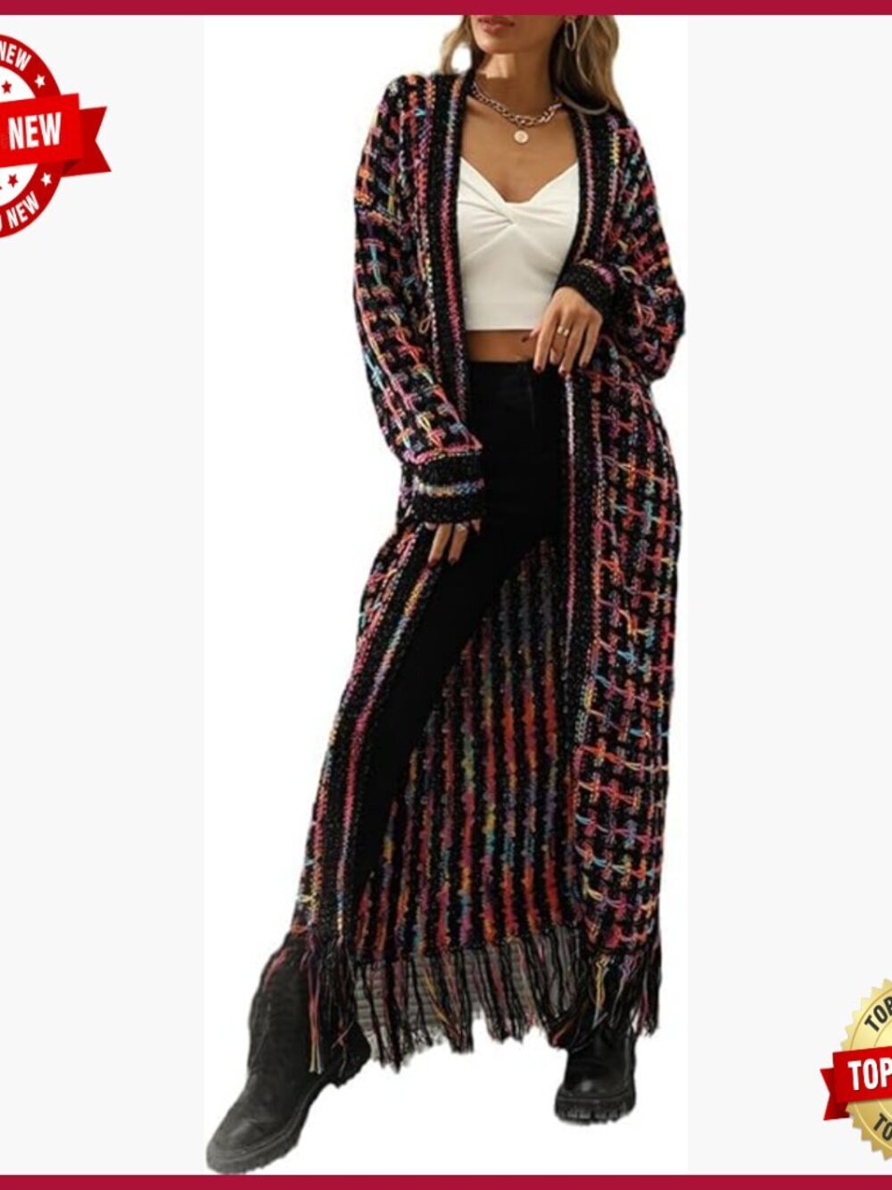 Oversized Boho Aztec Open Front Fringed Tassel Cardigan Sweater Jacket Duster